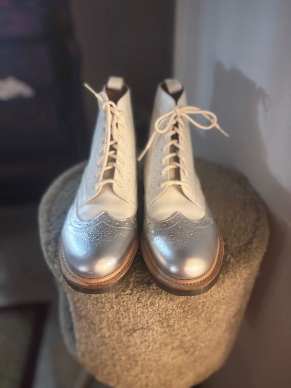 Dr. Martens Two-Tone Silver and White Lace-Up Wingtip Boots